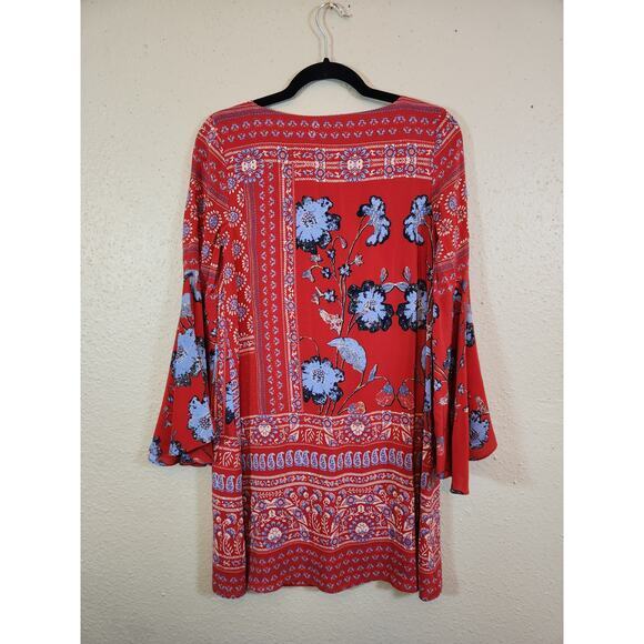 Anthropologie Vanessa Virginia Red Floral Bell Sleeve Silk Peasant Dress Size‎ 2 - Picture 2 of 8